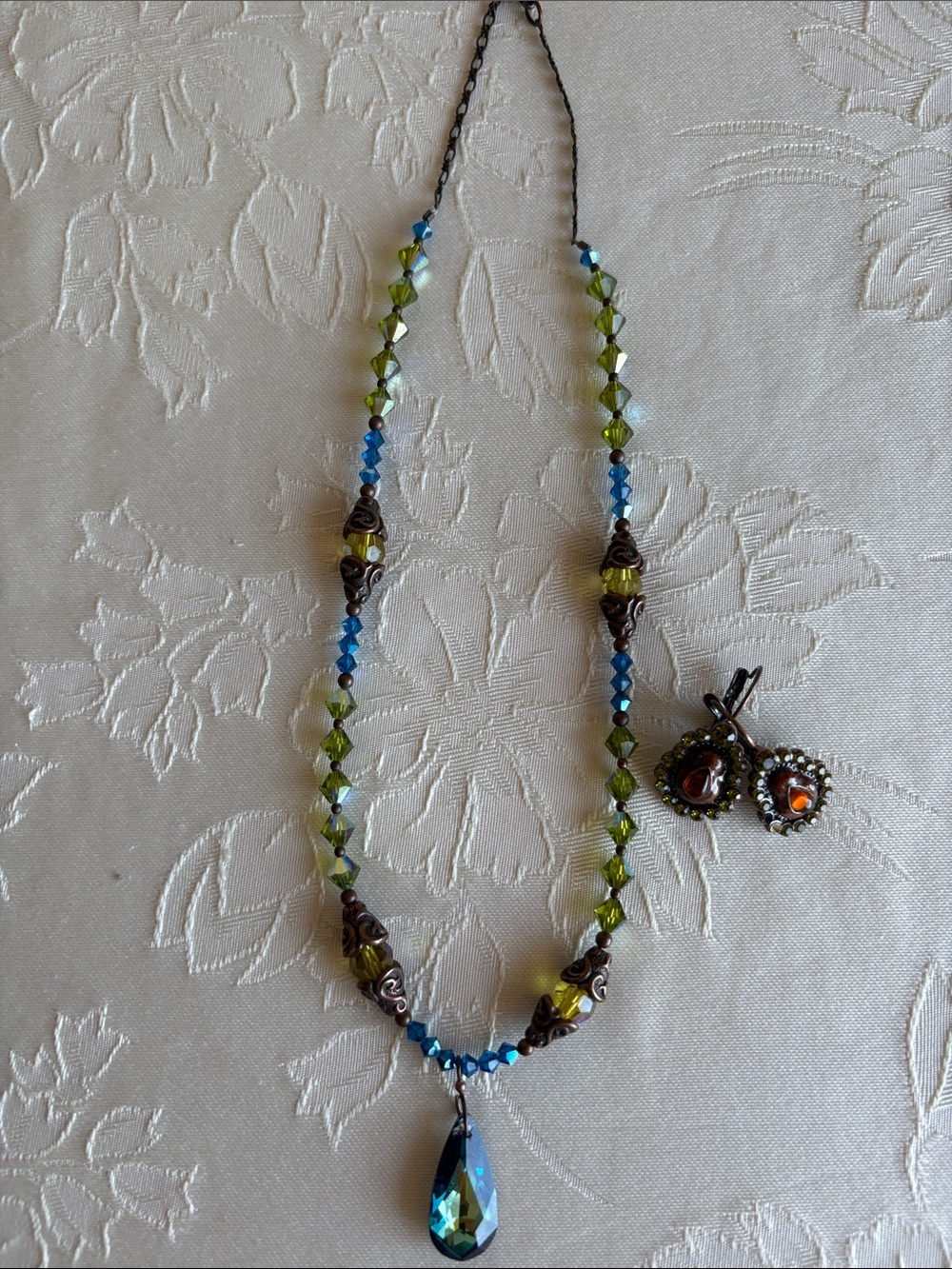 Green and Blue Beaded Necklace with Teardrop Pendant earrings set